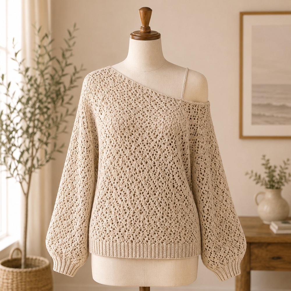 NWT Cupshe Crochet Sweater Womens XS Beige One Shoulder‎ Open Knit Long Sleeve